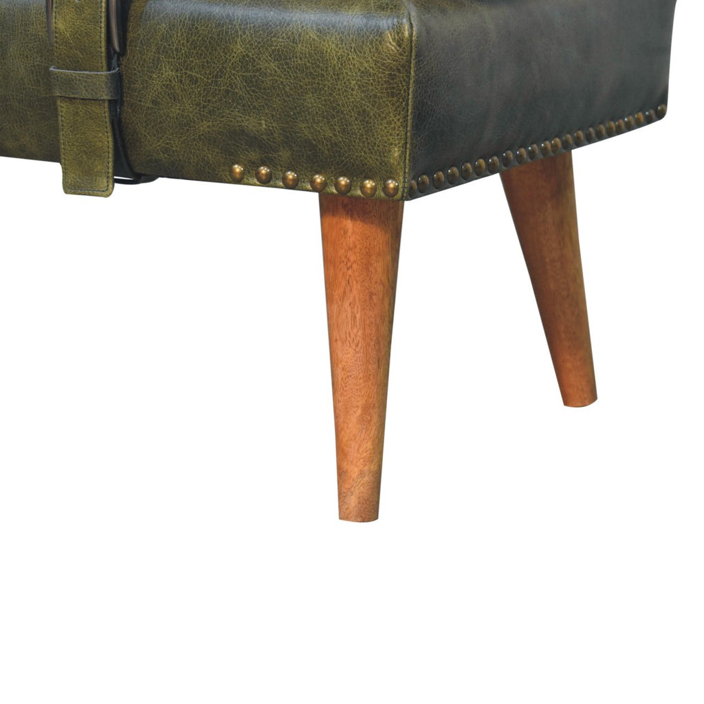 Bouclé Buffalo Hide Olive Green Leather Bench